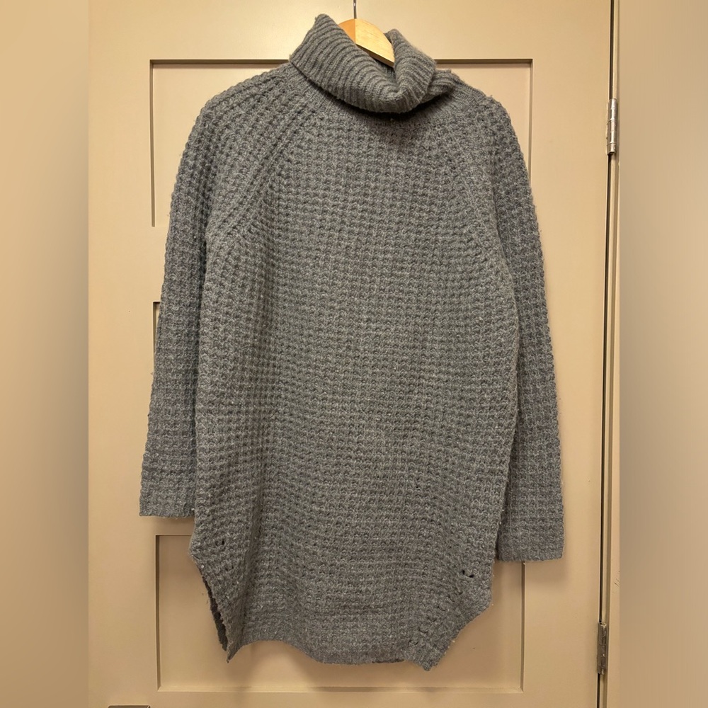 OAK + FORT Wool Blend Open Knit Long Sleeve Tunic Sweater Dress Funnel Neck Grey